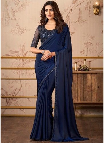 Royal Blue Plain Saree In Satin Silk