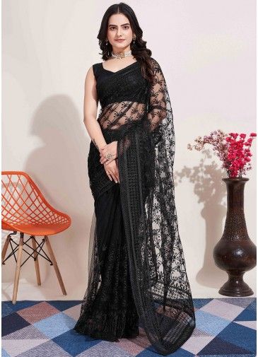 Black Embroidered Saree In Net
