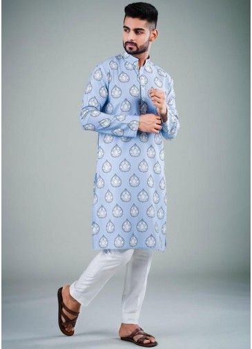 Blue Readymade Printed Kurta Pajama Set