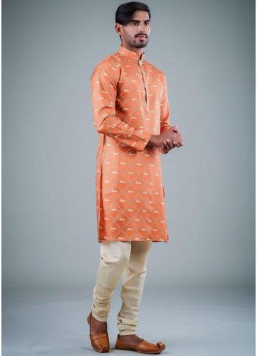 Orange Cotton Silk Printed Kurta With Churidar