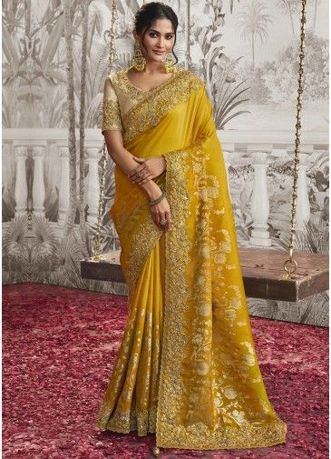 Yellow Embroidered Saree In Tissue Silk 