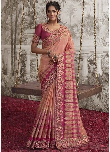 Thread Embroidered Tissue Silk Saree In Peach & Pink