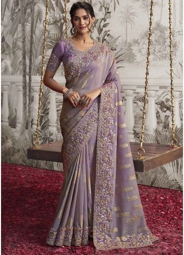 Thread Embroidered Tissue Silk Saree In Mauve Purple