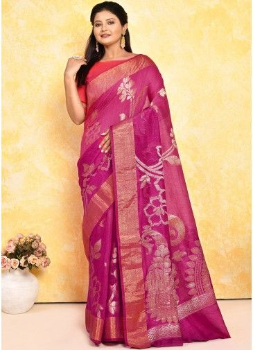 Pink Woven Detailed Saree In Pure Silk