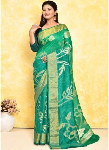 Green Woven Detailed Saree In Pure Silk