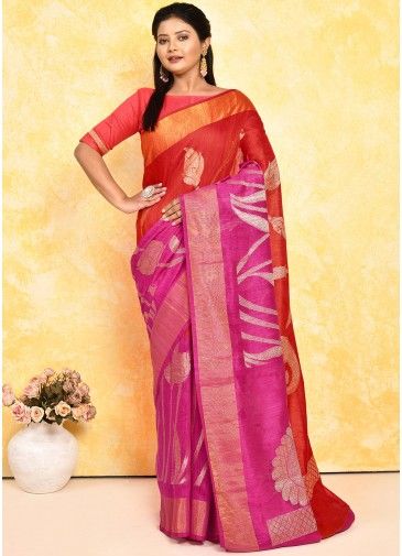 Red & Pink Woven Silk Saree In Half N Half
