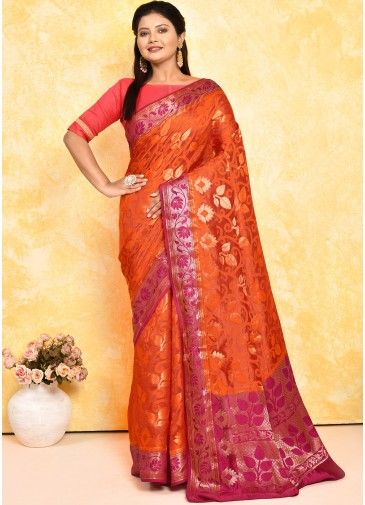 Orange Zari Woven Detailed Saree In Silk