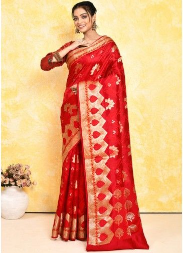 Red Zari Woven Detailed Saree In Silk