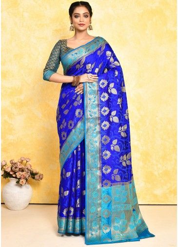 Blue Woven Work Silk Saree In Heavy Pallu