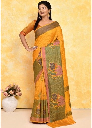 Yellow Woven Zari Detailed Saree In Silk 