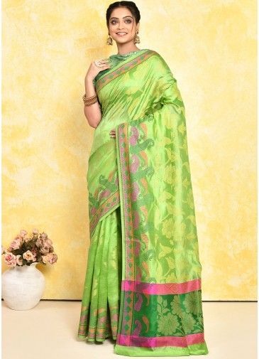 Green Woven Detailed Silk Saree & Blouse