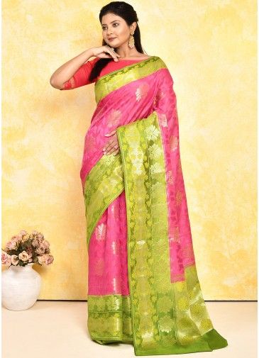 Pink Woven Detailed Saree In Pure Silk