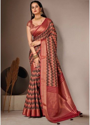 Red Digital Printed Saree In Bhagalpuri Silk