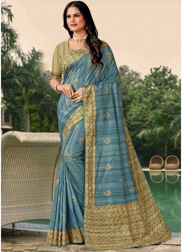 Blue Embroidered Saree In Tussar Silk