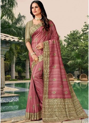 Pink Embroidered Saree In Tussar Silk