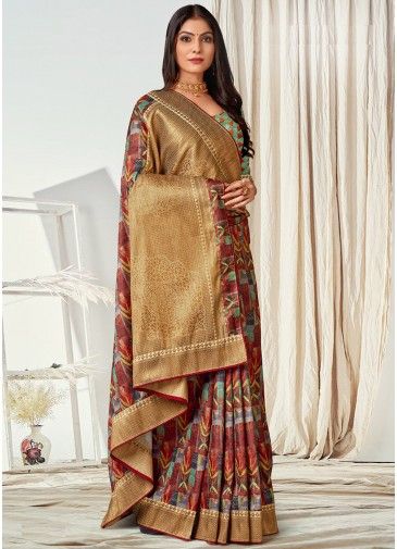Multicolor Printed Tussar Silk Saree & Blouse