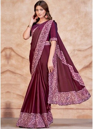 Wine Readymade Embellished Stain Silk Saree & Blouse