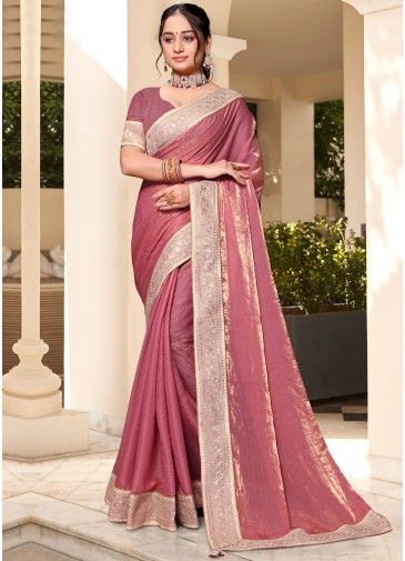 Mauve Pink Silk Stone Embellished Saree 