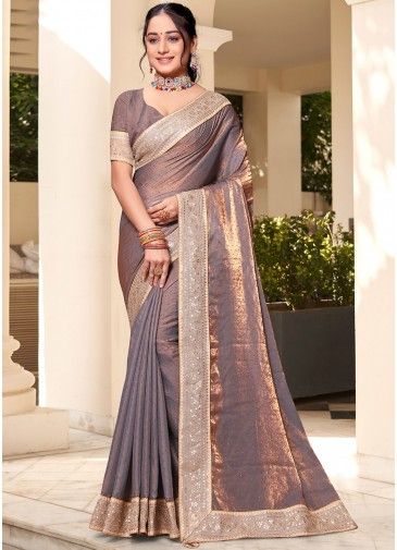 Brown Stone Embellished Saree In Silk