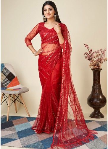 Red Embroidered Saree In Net