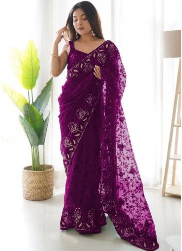 Purple Cord Embroidered Saree In Net