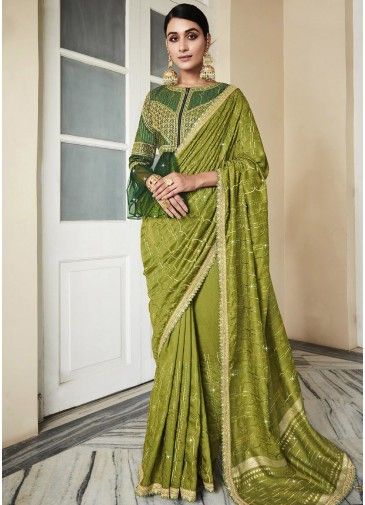 Olive Green Embroidered Silk Saree