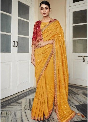 Yellow Silk Saree in Thread Embroidery