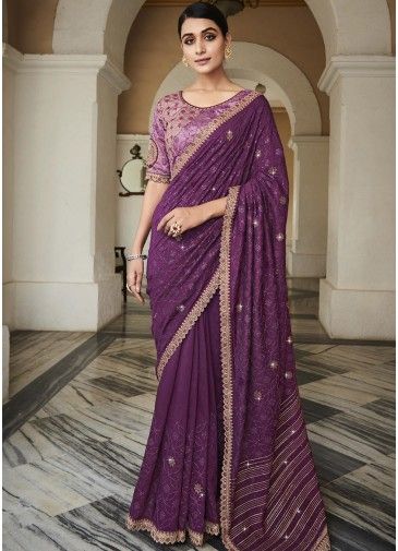 Purple Art Silk Saree In Thread Embroidery