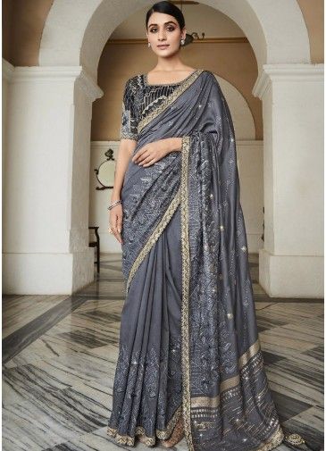 Grey Embroidered Saree With Blouse