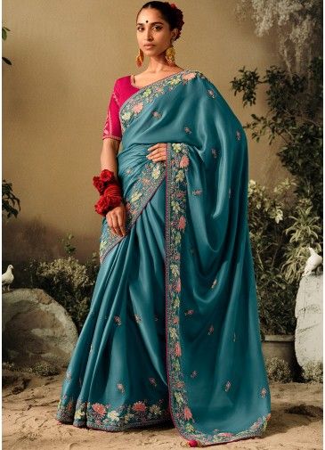 Blue Embroidered Saree In Art Silk