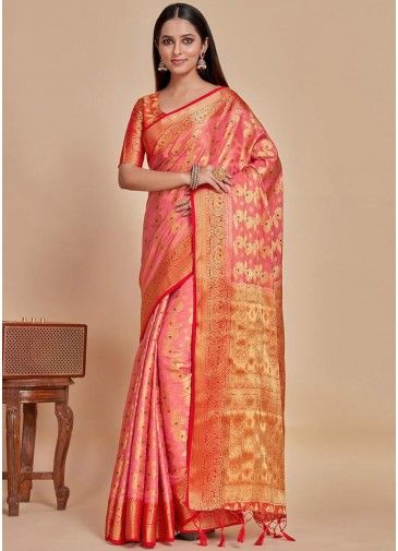 Pink Woven Work Saree In Kanjivaram Silk