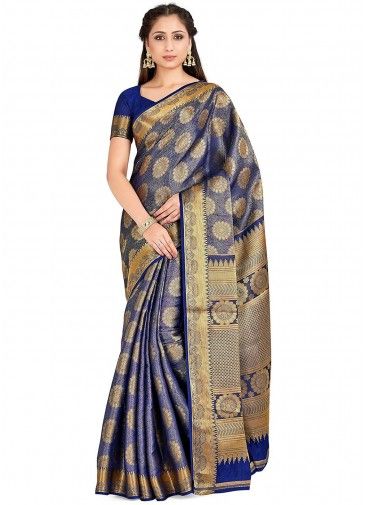Blue Kanjivaram Silk Woven Saree & Blouse