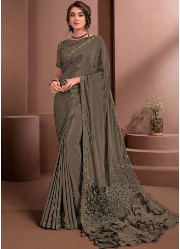 Brown Embroidered Crape Saree & Blouse