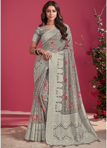 Grey Floral Printed Silk Saree In Woven Work
