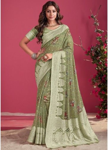 Green Floral Printed & Woven Silk Saree