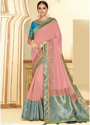 Pink  Zari Woven Saree In Satin Silk