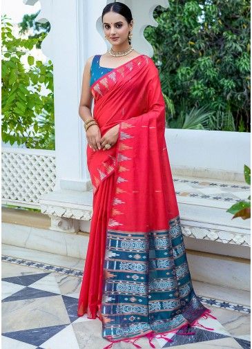 Red Woven Tussar Silk Saree & Blouse