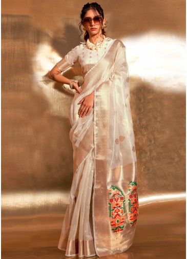 White Tissue Silk Saree In Woven Work