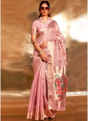 Pink Woven Work Saree In Tissue Silk