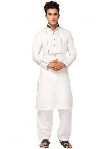White Cotton Thread Work Pathani Suit
