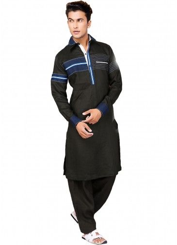 Black Readymade Cotton Pathani Suit