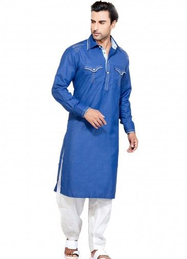 Blue Cotton Readymade Pathani Suit