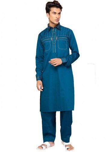 Readymade Blue Cotton Pathani Suit