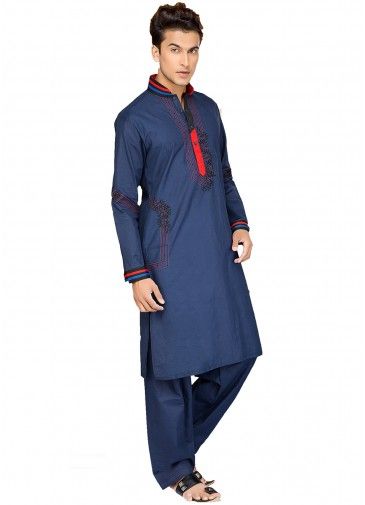 Navy Blue Cotton Embroidered Pathani Suit