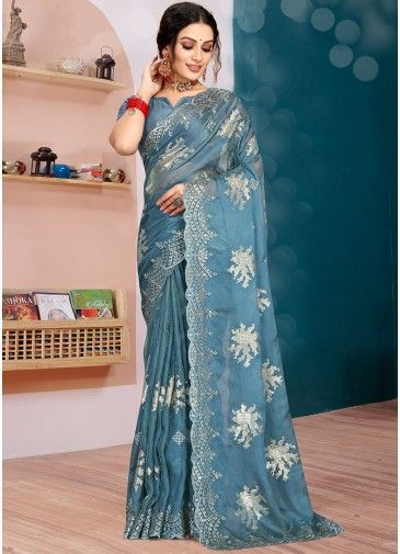 Dusty Sky Blue Embroidered Saree In Organza