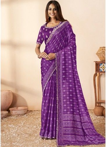 Purple Printed Art Silk Saree & Blouse