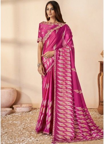 Pink Printed Art Silk Saree & Blouse