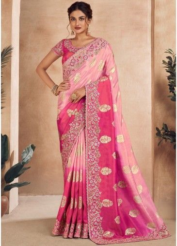 Shaded Pink Art Silk Saree In Woven Work