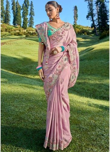 Mauve Pink Embroidered Saree In Silk
