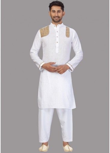 White Readymade Patch Work Pathani Suit